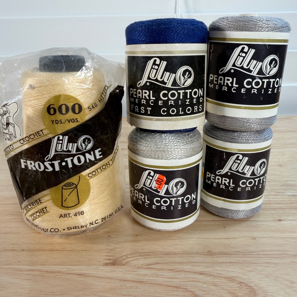 Vintage Lily Pearl Cotton & Frost-Tone Crochet Thread Bundle Grey Blue Yellow